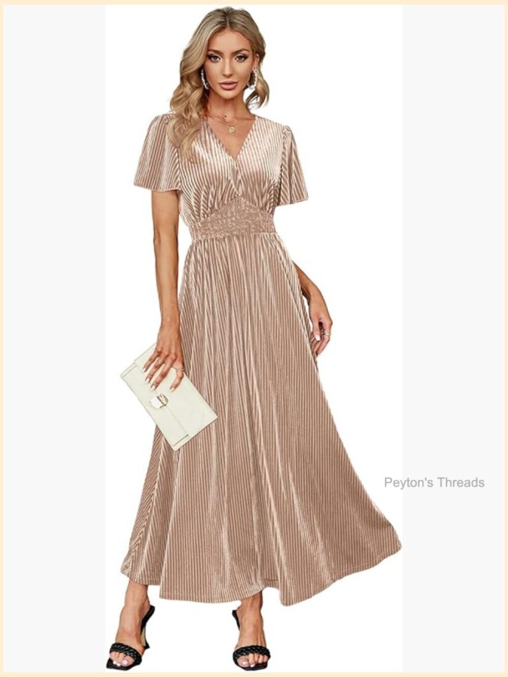 Women's V Neck Velvet Maxi Dress Short Sleeve Empire Waist Long Formal Dress